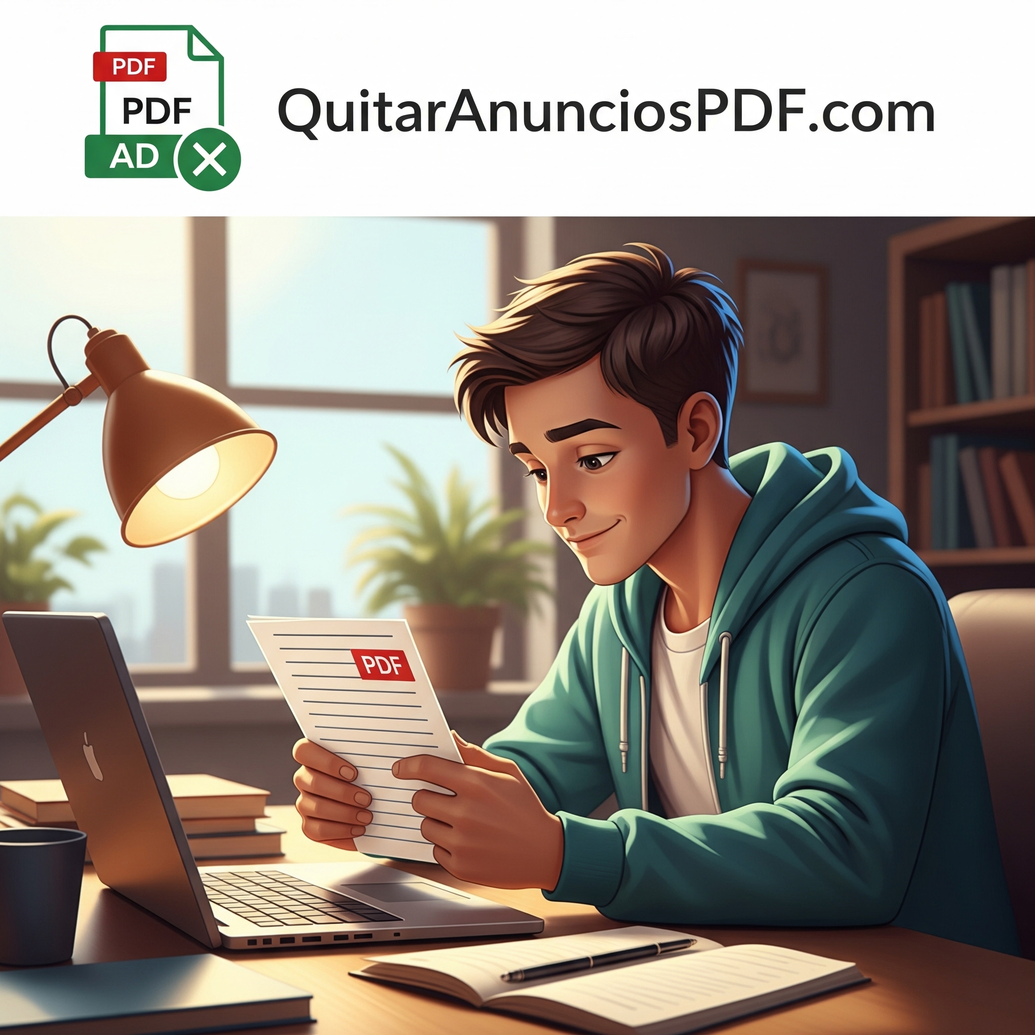 Estudiante concentrado estudiando con un PDF sin anuncios gracias a QuitarAnunciosPDF.com