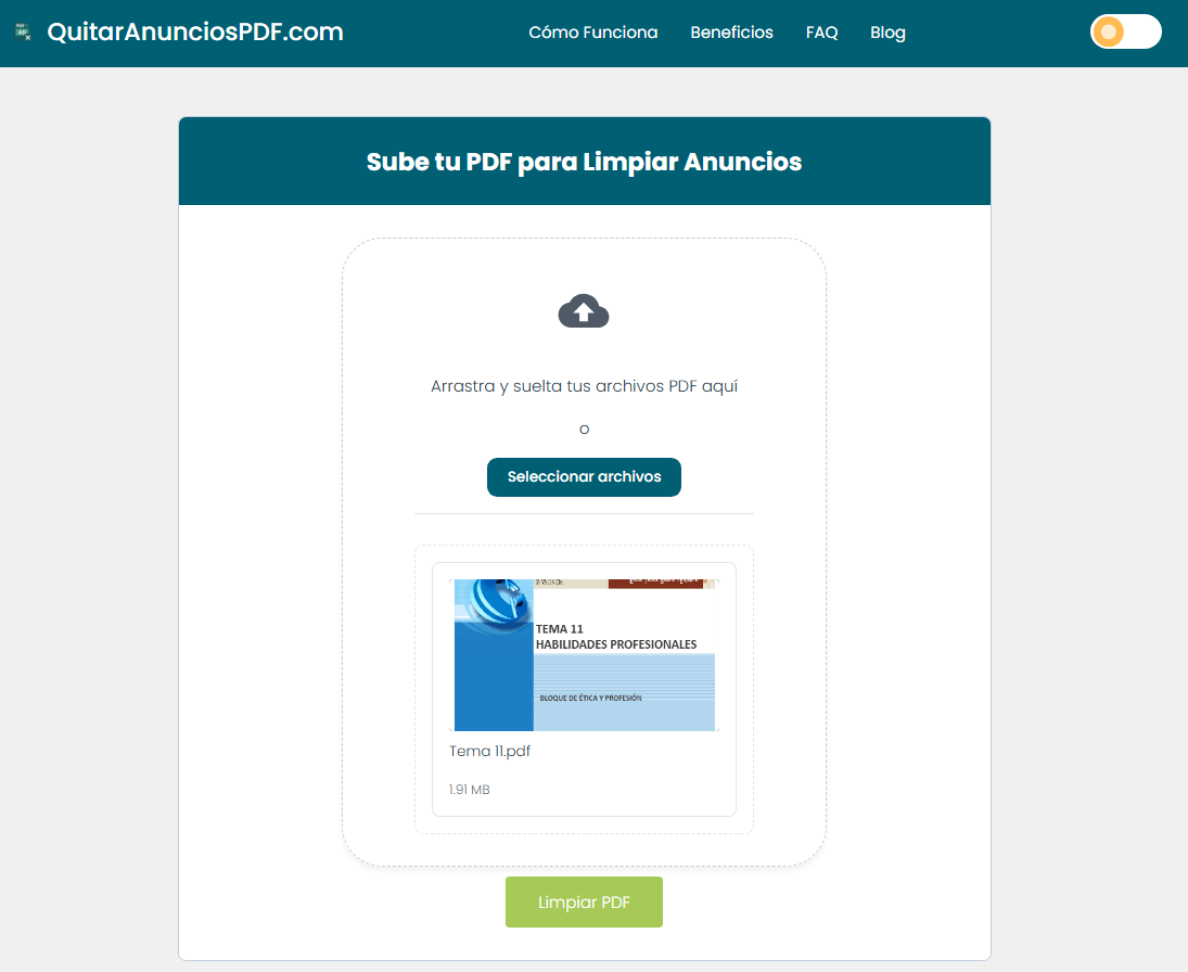 Interfaz de QuitarAnunciosPDF.com
