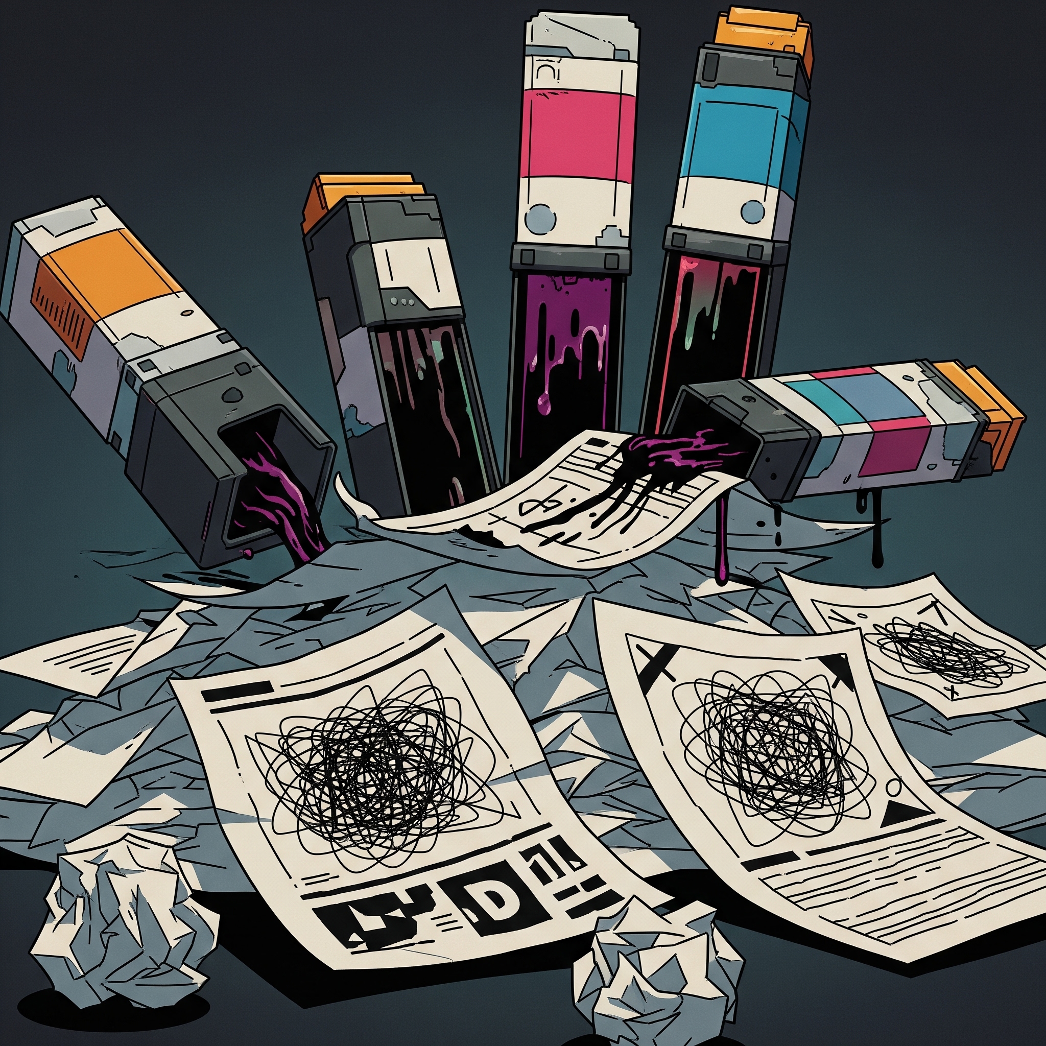Ilustración de cartuchos de tinta vacíos y papel desperdiciado por anuncios
